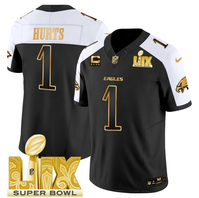 Men's Philadelphia Eagles #1 Jalen Hurts Black Gold 2025 Super Bowl LIX With 4-Star C Patch New F.U.S.E. Vapor Untouchable Limited Stitched Football Jersey Men's Philadelphia Eagles #1 Jalen Hurts Black Gold 2025 Super Bowl LIX With 4-Star C Patch New F.U.S.E. Vapor Untouchable Limited Stitched Football Jersey
